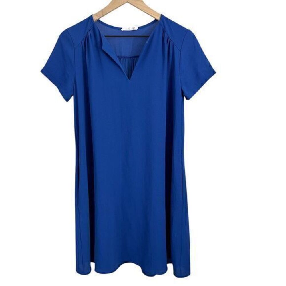 Lush Short Sleeve V Neck Pullover Pockets Mini‎ Shift Dress Blue Extra Small